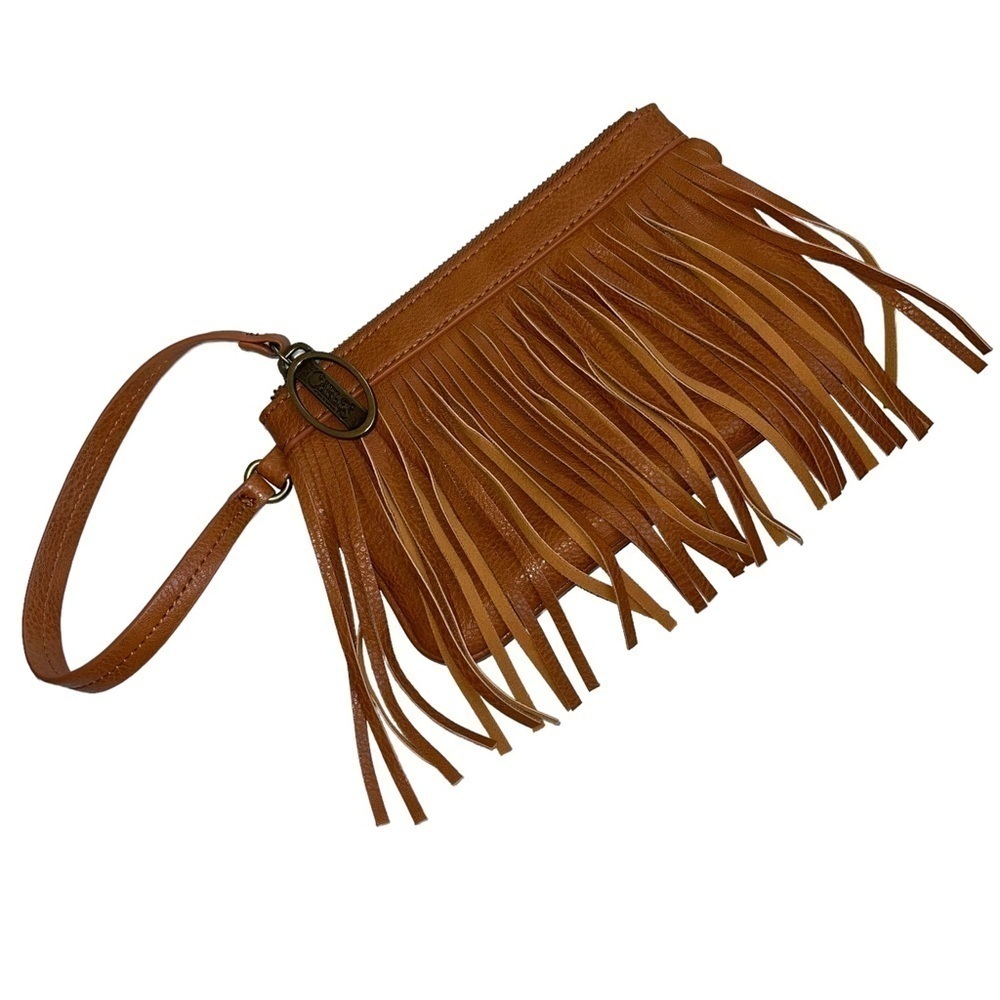 Carlos by Carlos Santana fringe wristlet clutch purse brown